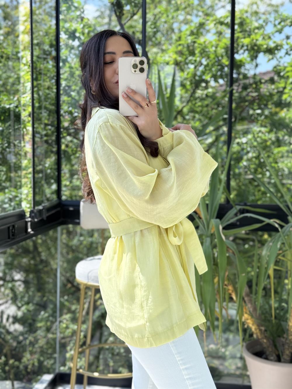 Kruvaze Yaka Bağlamalı Kimono Sarı