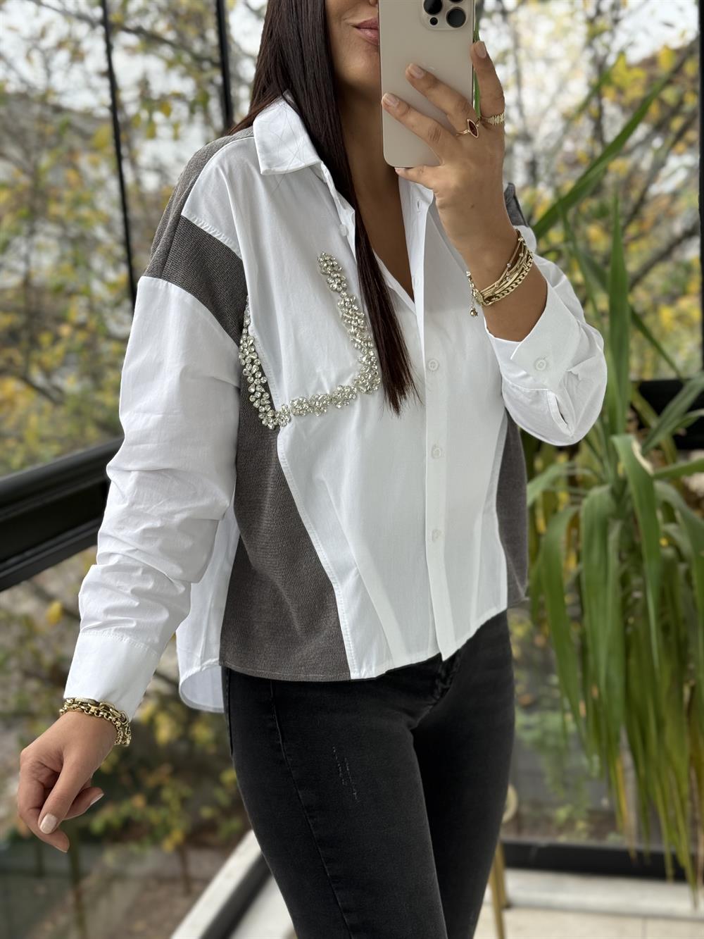 Triko Poplin Taş Detaylı Gömlek Beyaz