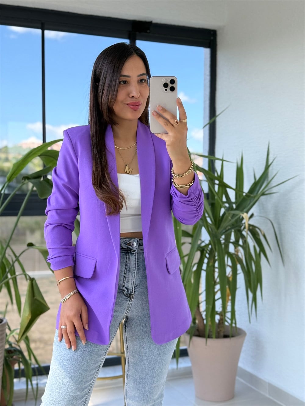 Kolu Büzgülü Blazer Ceket Mor