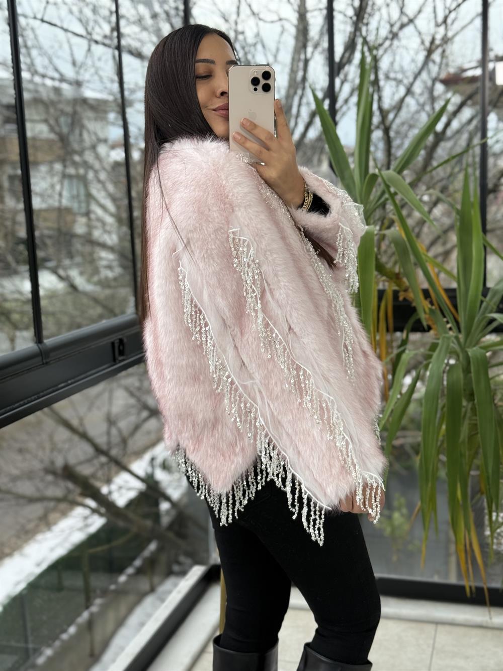 İthal Sallantılı Payetli Kürklü Ceket Pembe