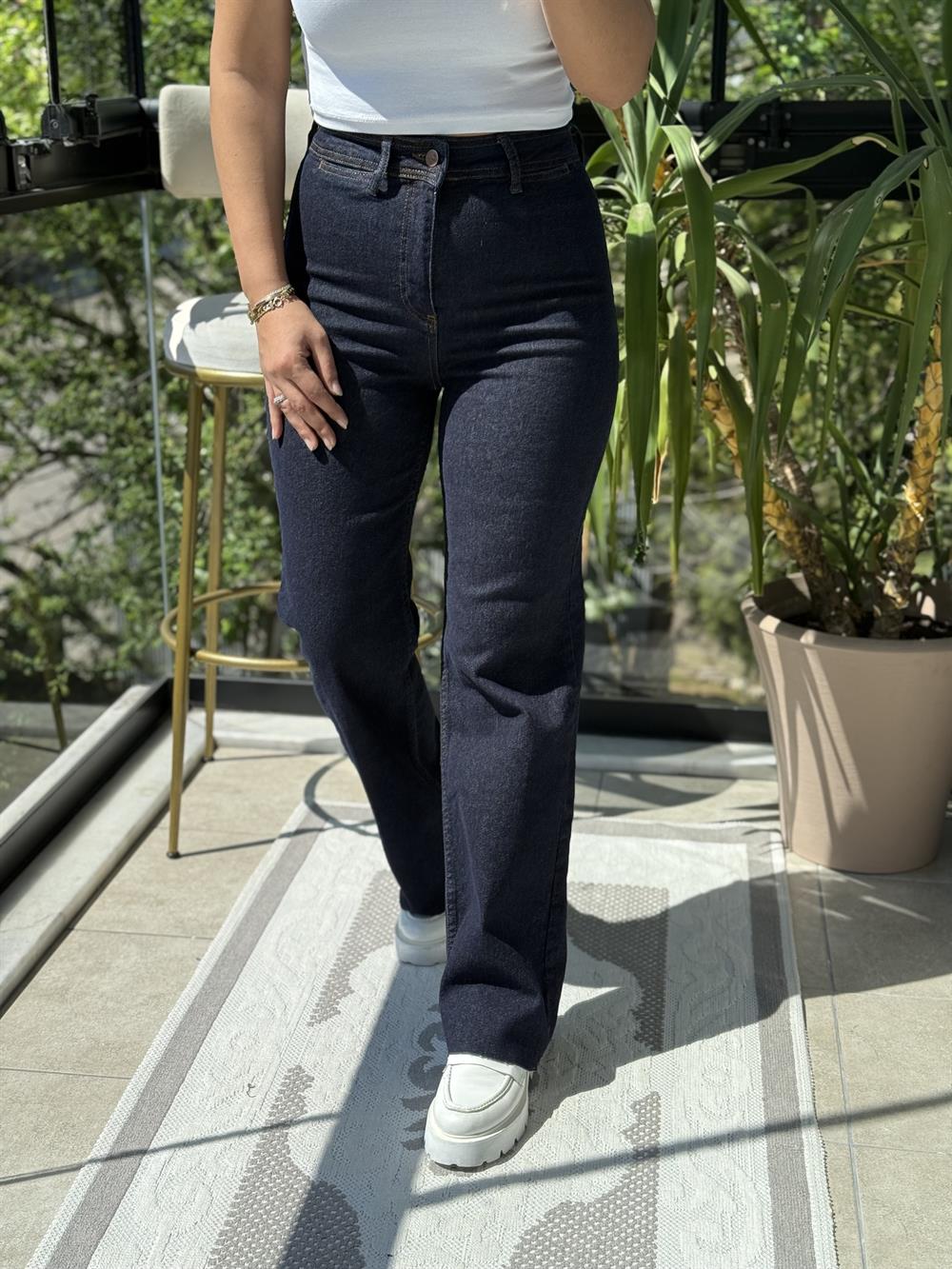 Dekoratif Cep Detaylı Palazzo Kot Pantolon Slaplı Lacivert