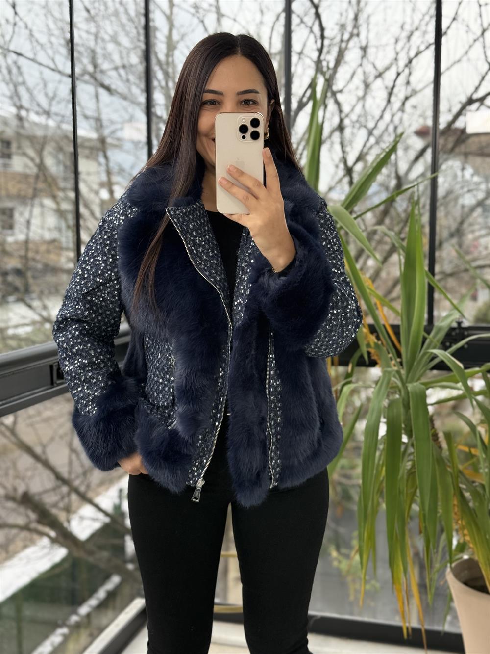 İthal Payetli Mont lacivert