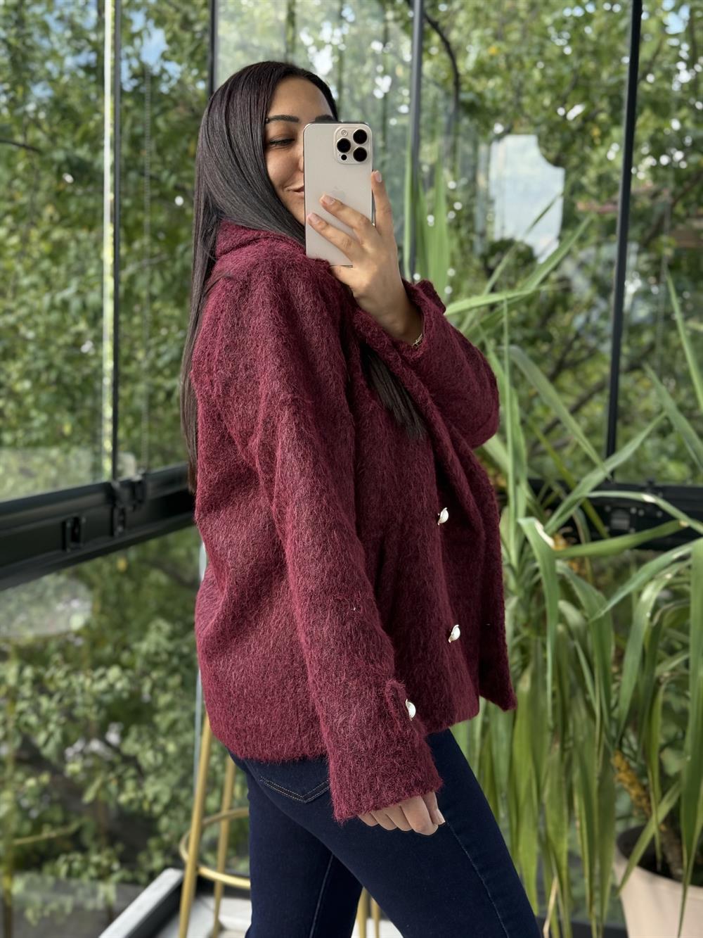 Gold Düğmeli Yün Kaban Ceket Bordo