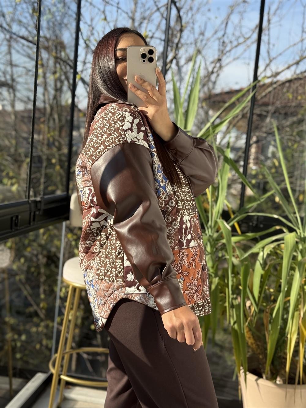 Deri Garnili Kapitone Ceket Kahve