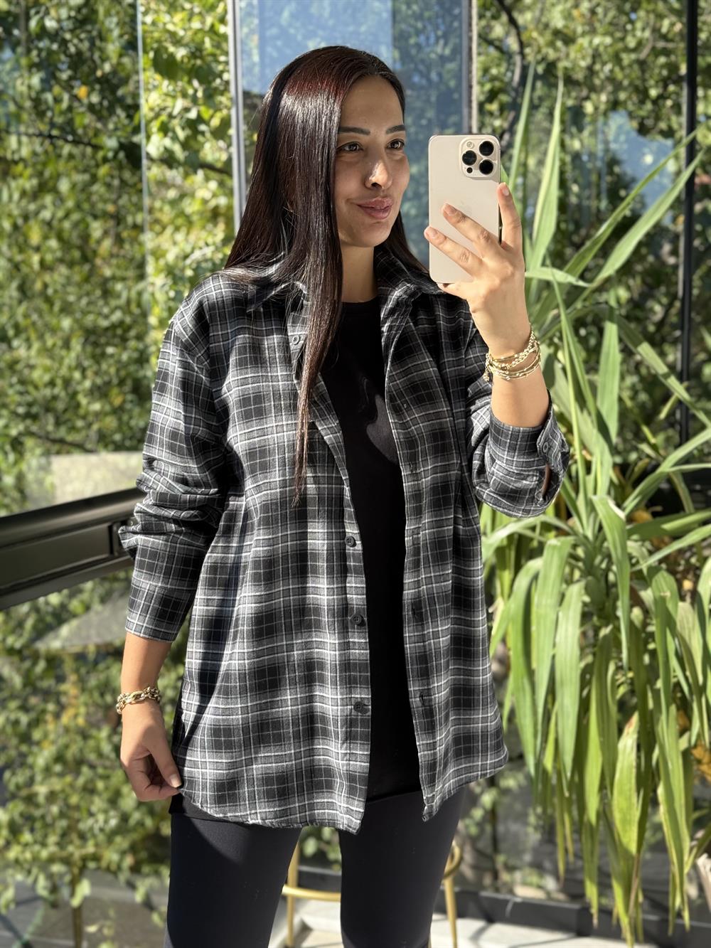 Ekoseli Oversize Gömlek Antrasit