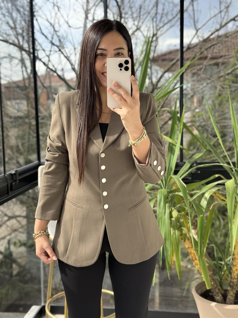 Beş Düğme Slimfit Blazer Ceket Bisküvi Kahve
