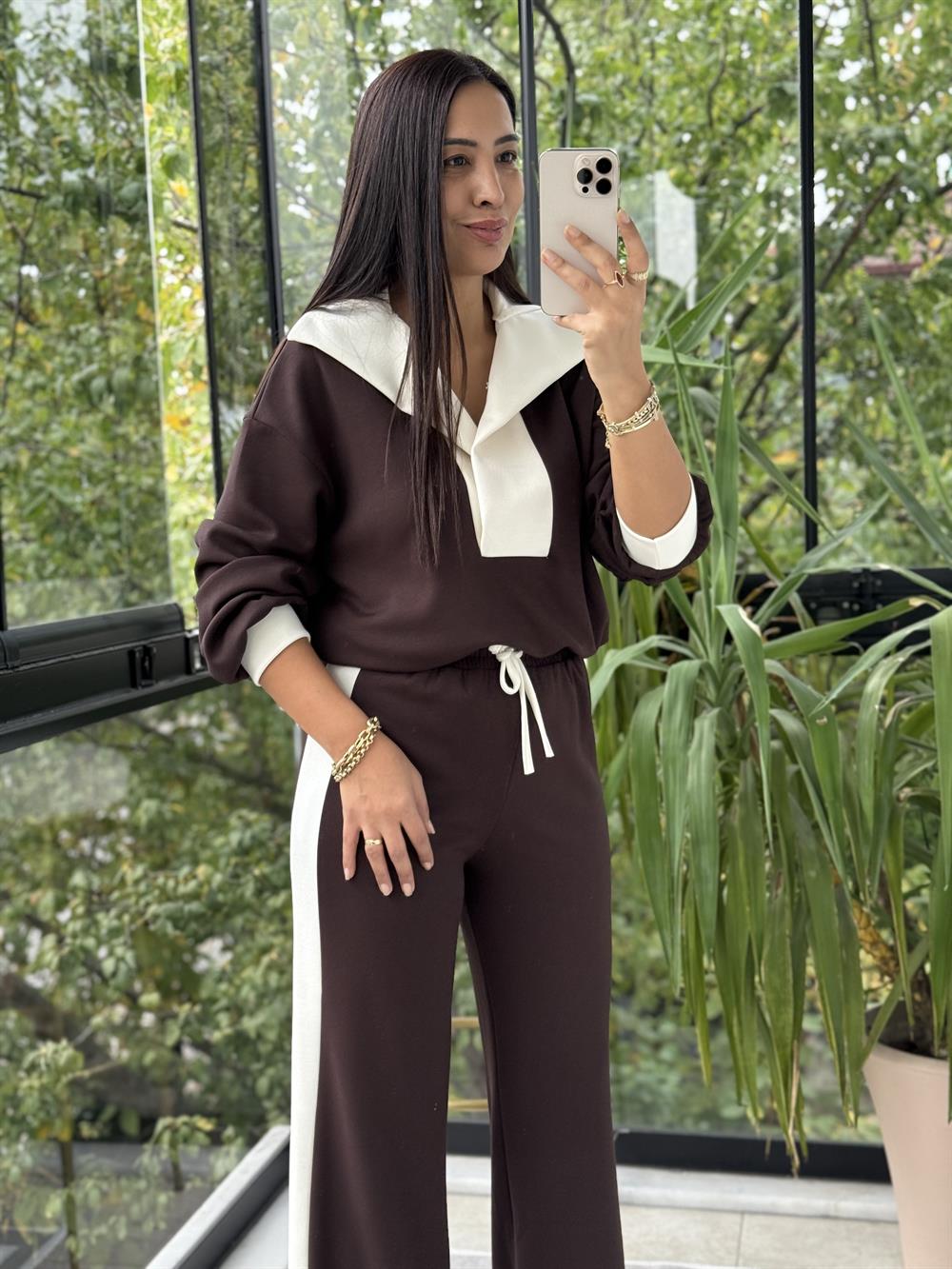 Şal Yakalı Modal Takım Kahve