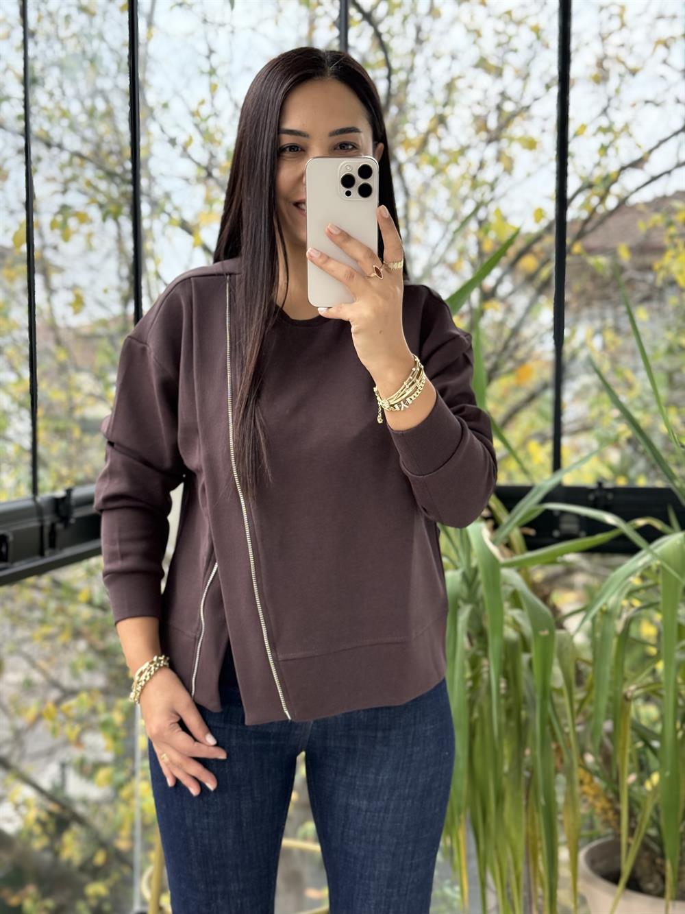 Asimetrik fermuarlı Sweathirt Kahve