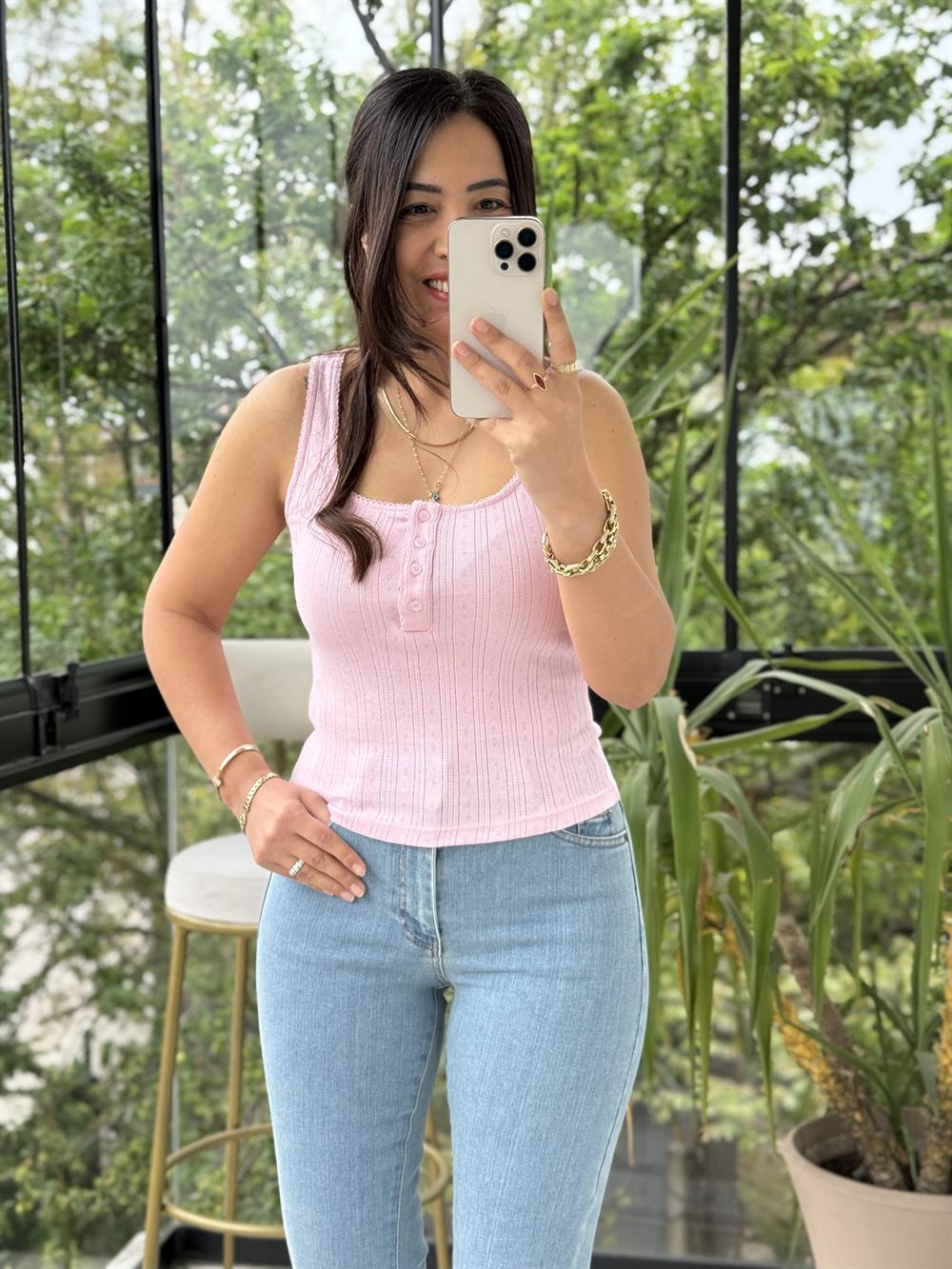 Dilvin Düğmeli Kare Yaka Top Atlet Pembe
