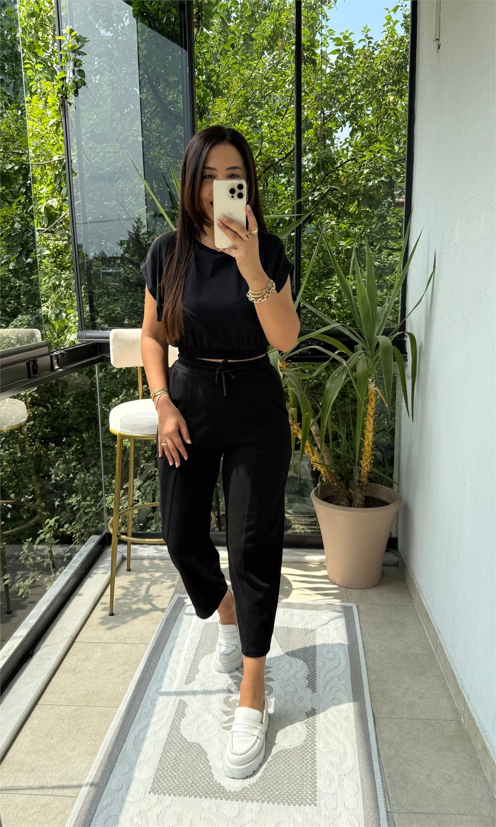 Beli Lastikli Crop Tişört Siyah