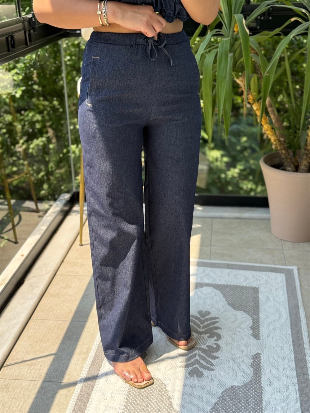 Lastikli Denim Pantolon Mavi