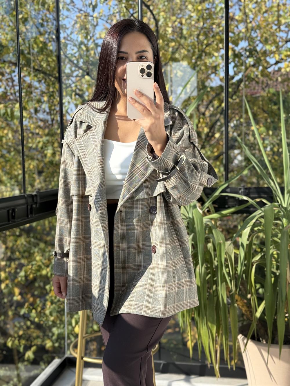 Ekose Kemerli Trenç Kahve