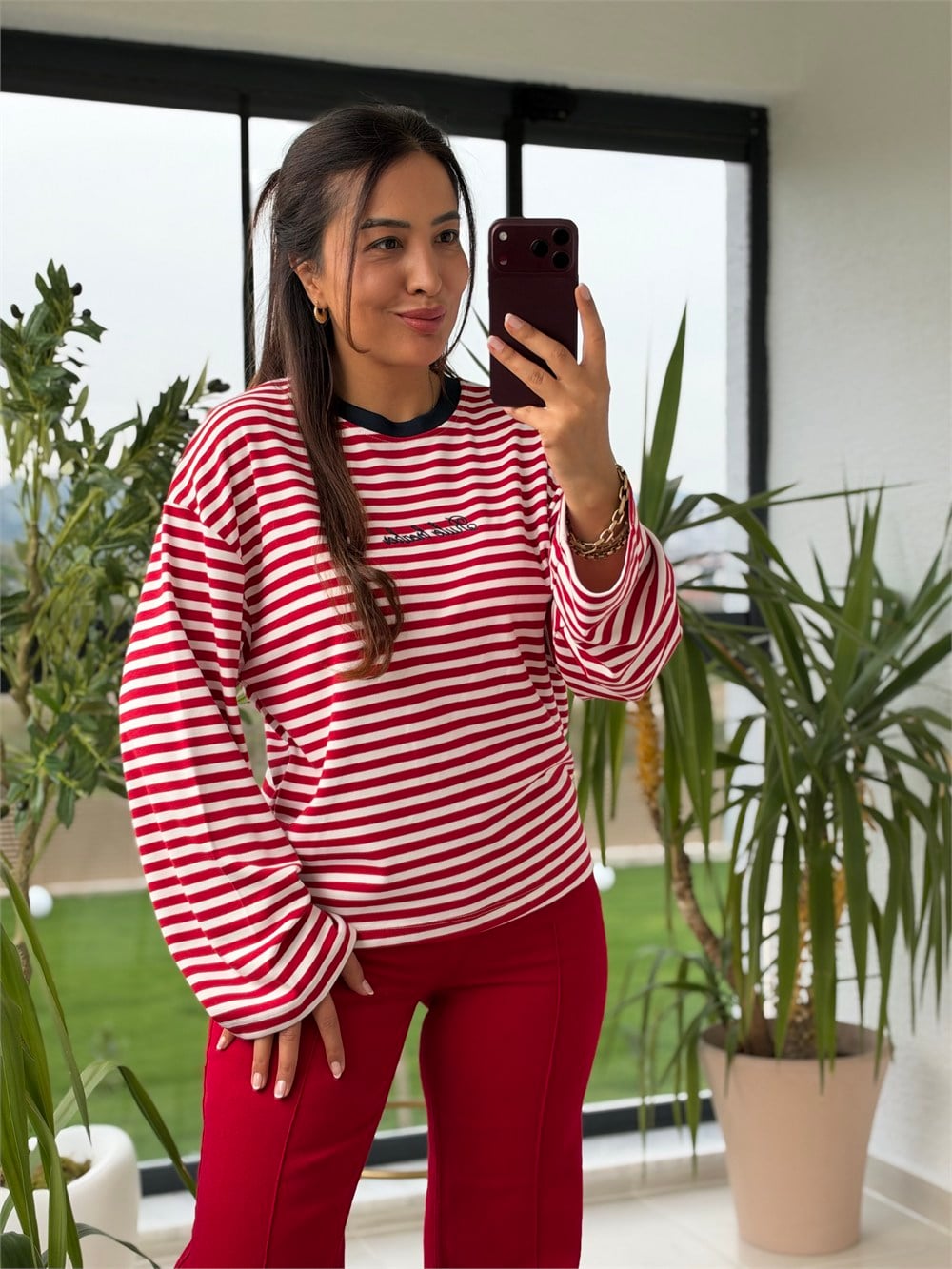 Biyeli Çizgili Sweatshirt Kırmızı