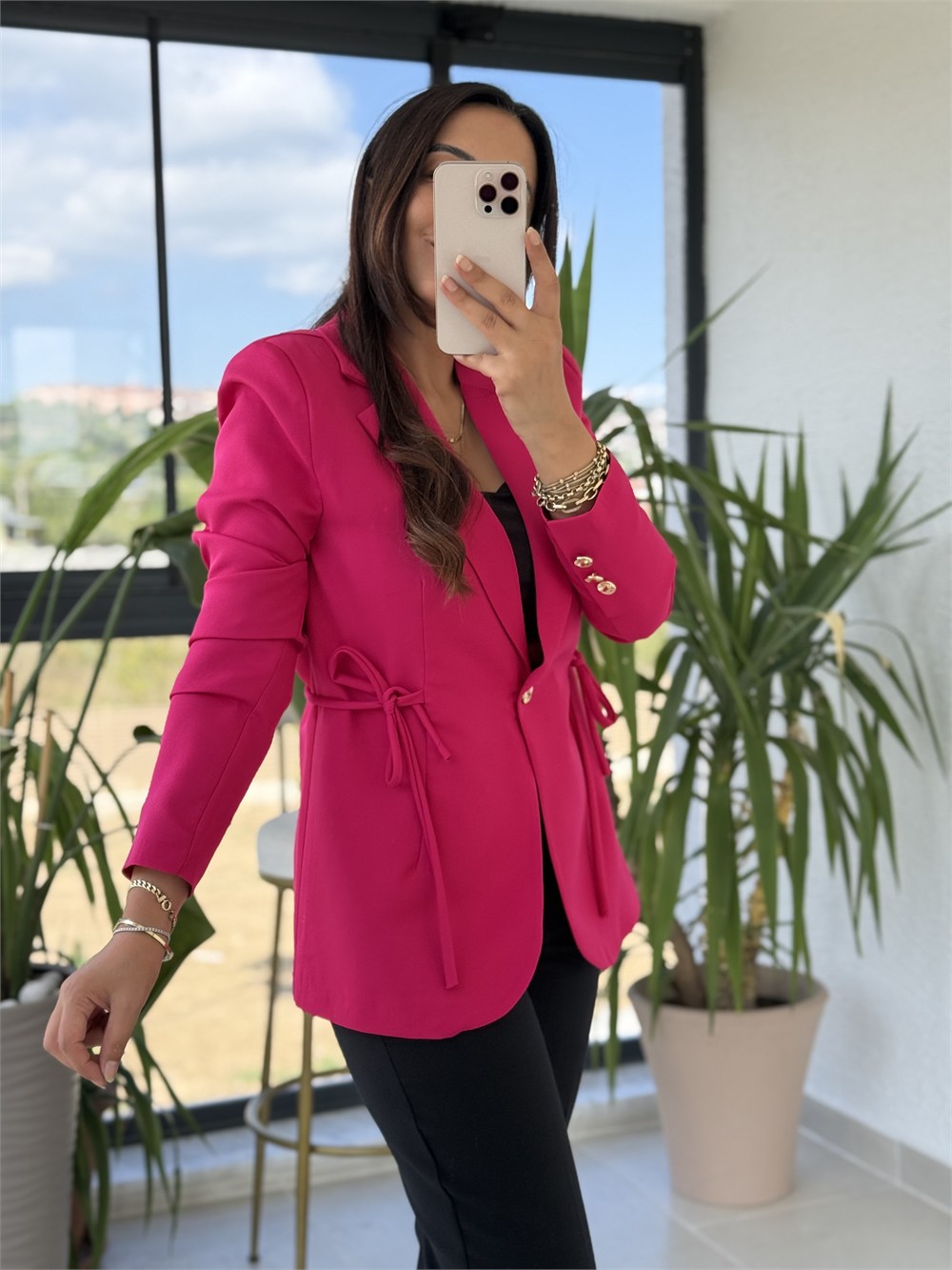 Yanı Bağcıklı Slim Blazer Ceket Fuşya