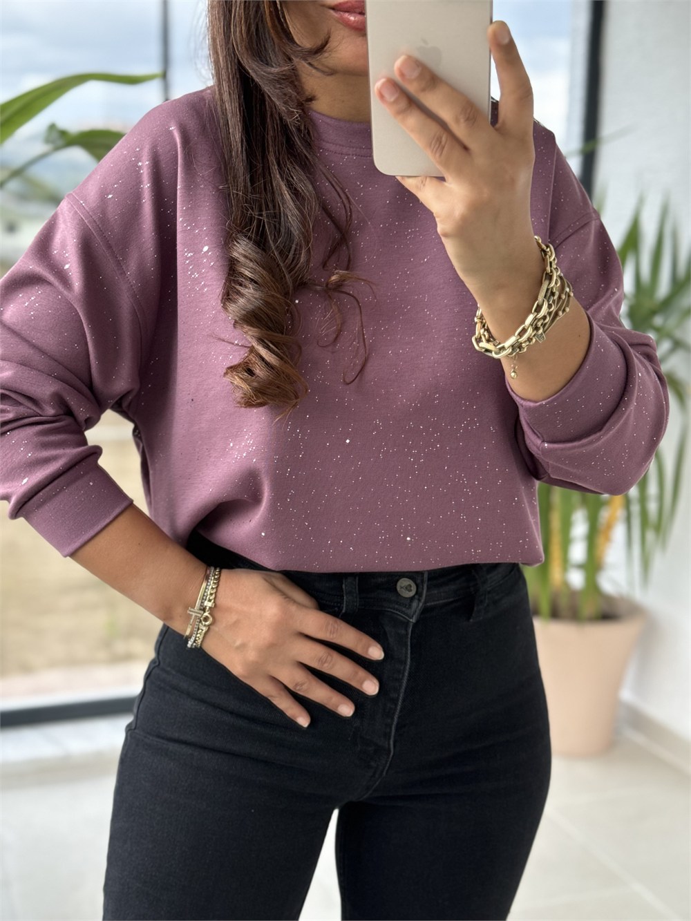 Simli Oysh Sweatshirt Mürdüm