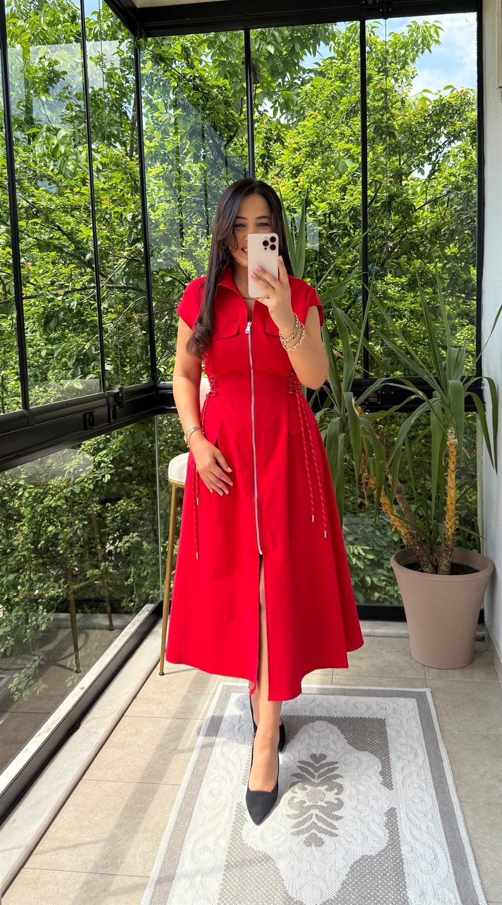 Bel Bağamalı Midi Elbise Kırmızı
