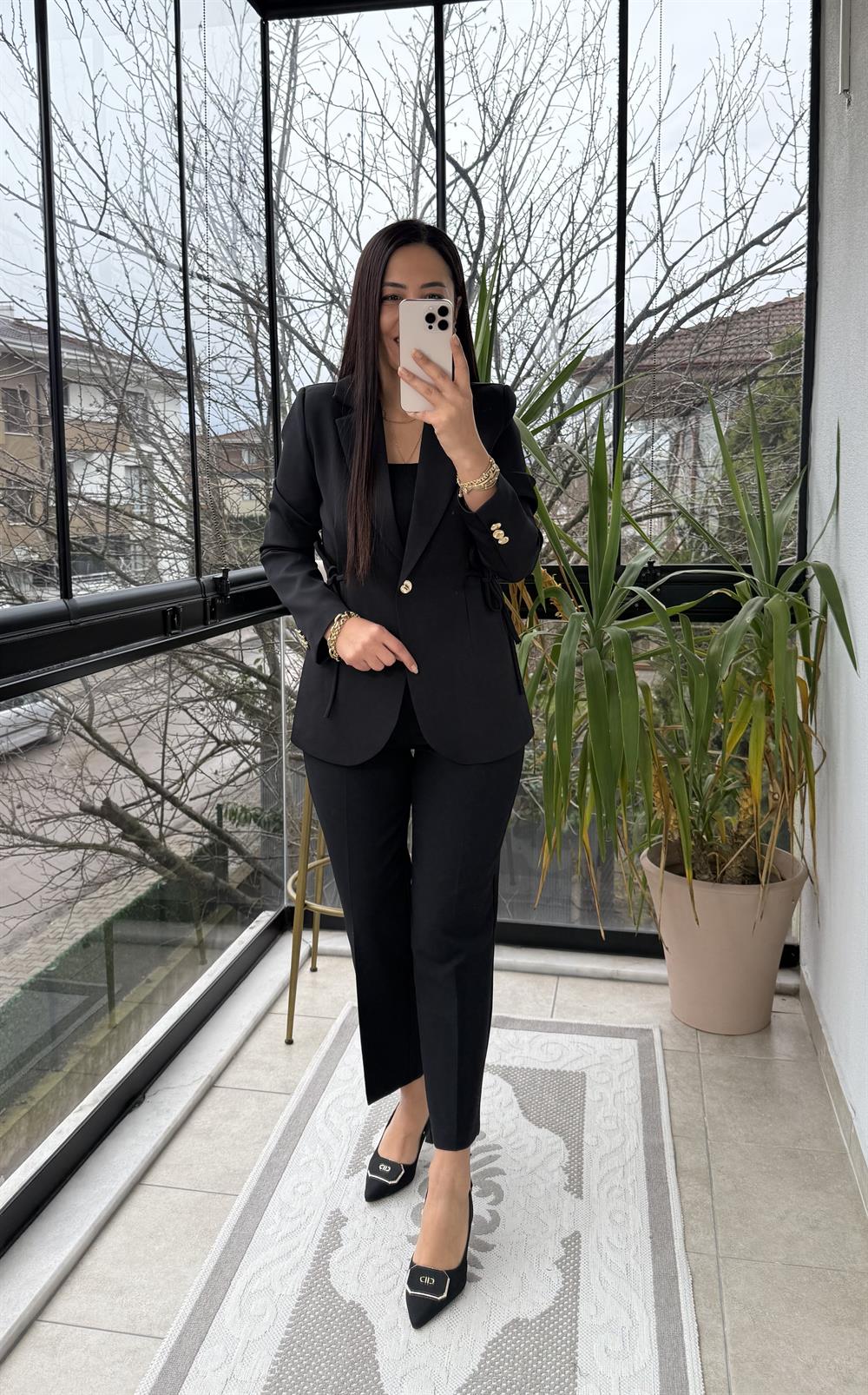 Yanı Bağcıklı Slim Blazer Ceket Siyah