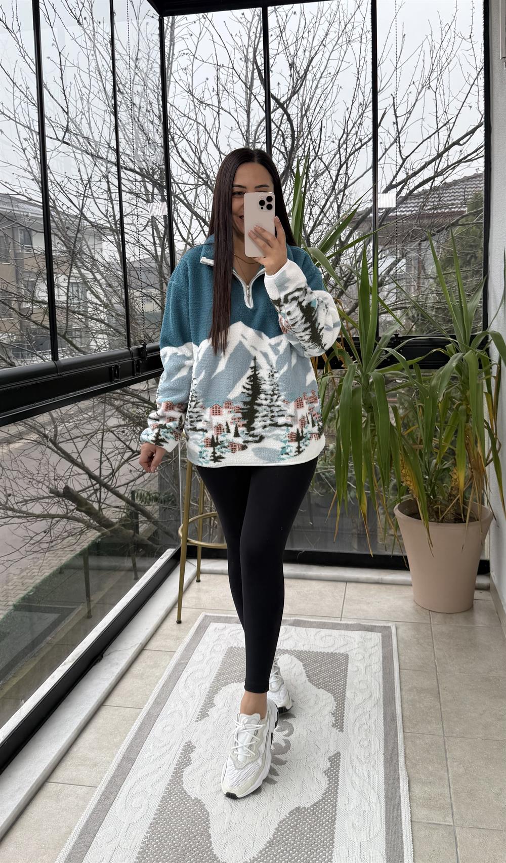 Desenli Yarım Fermuarlı Polar Sweat Mavi