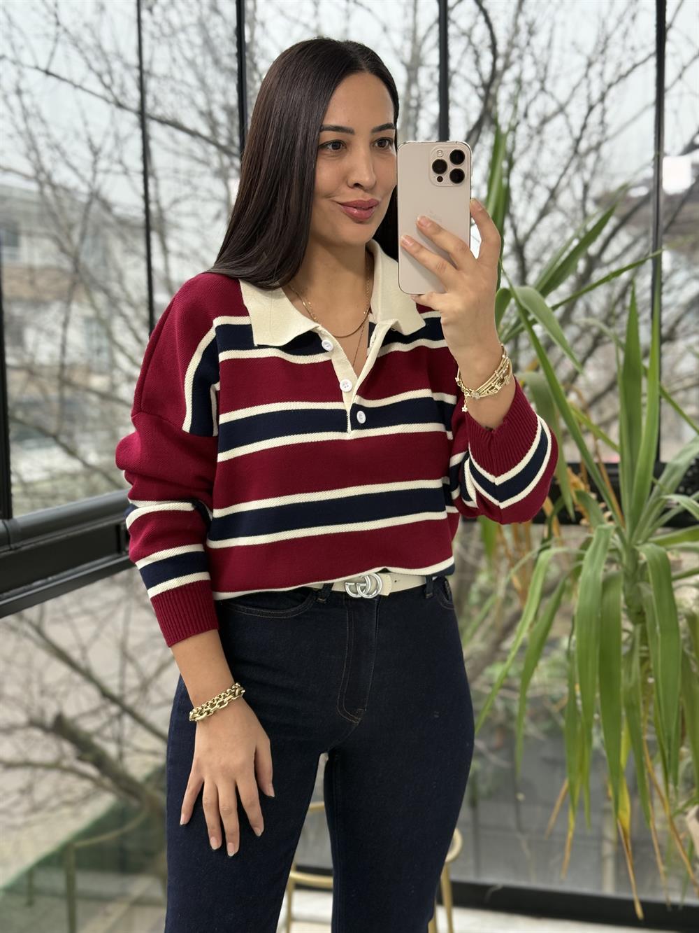 Polo Yaka Çizgili Triko Kazak Bordo
