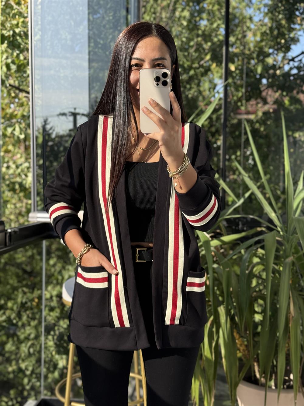 Tiktak Şeritli İnterlok Hırka Siyah