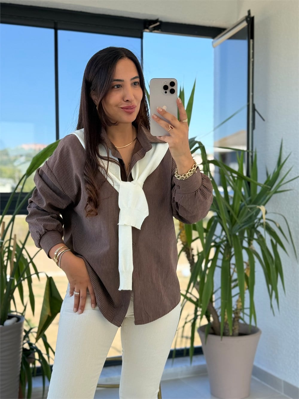 İthal Model Atkı Detaylı Gömlek Kahve