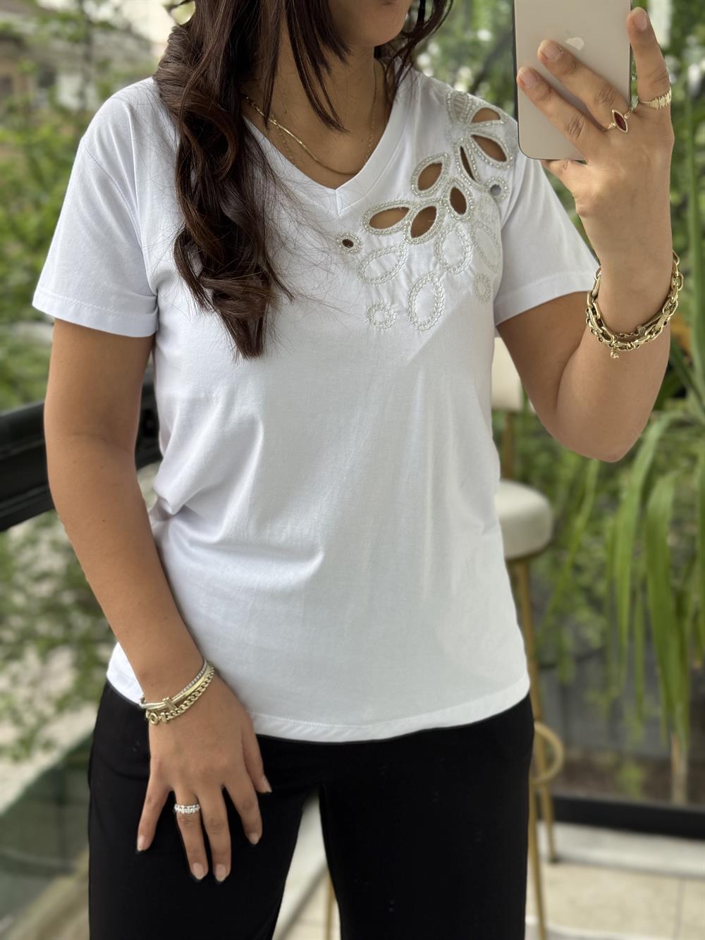 Tek Omzu Lazerli Boncuklu Beyaz