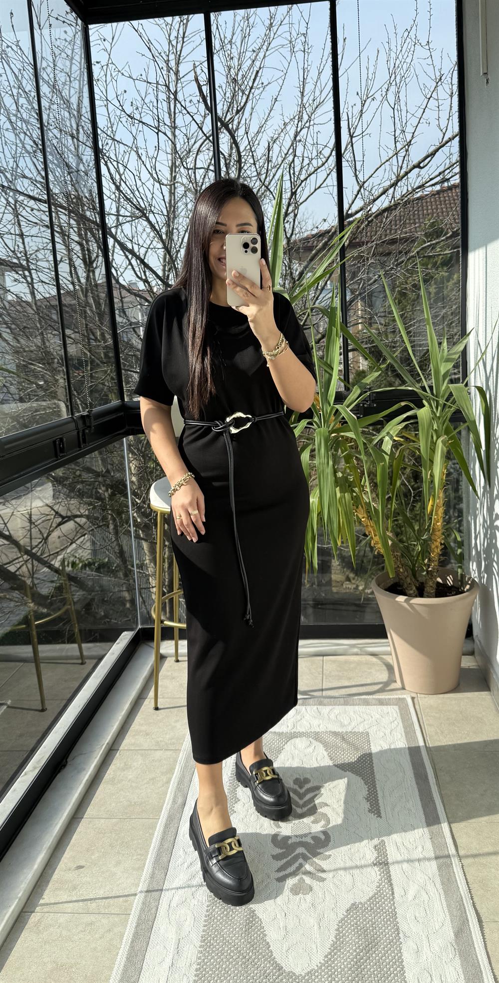 Kemerli Modal Elbise Siyah