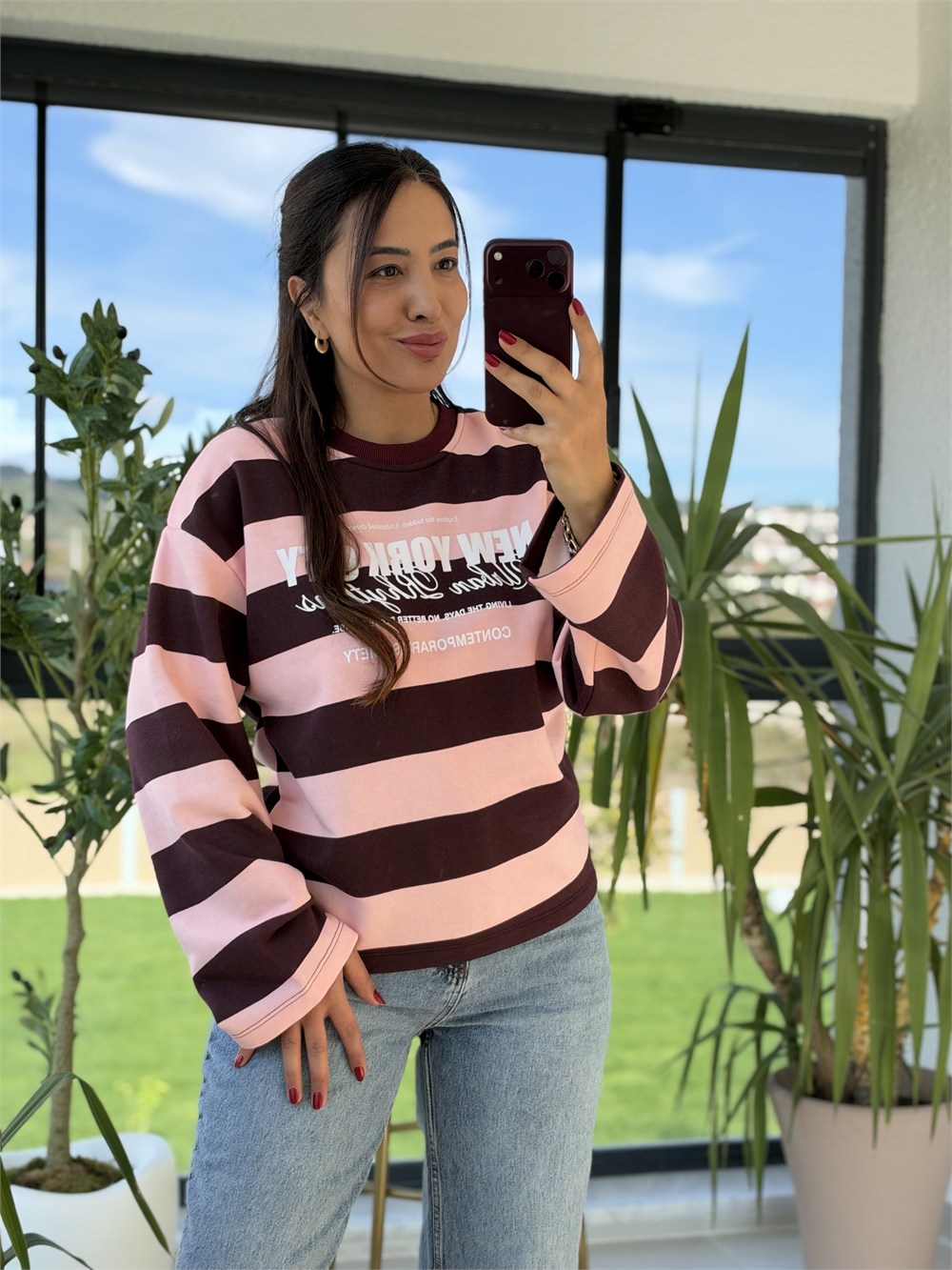Kalın Çizgili New York Ctiy Sweatshirt Pembe