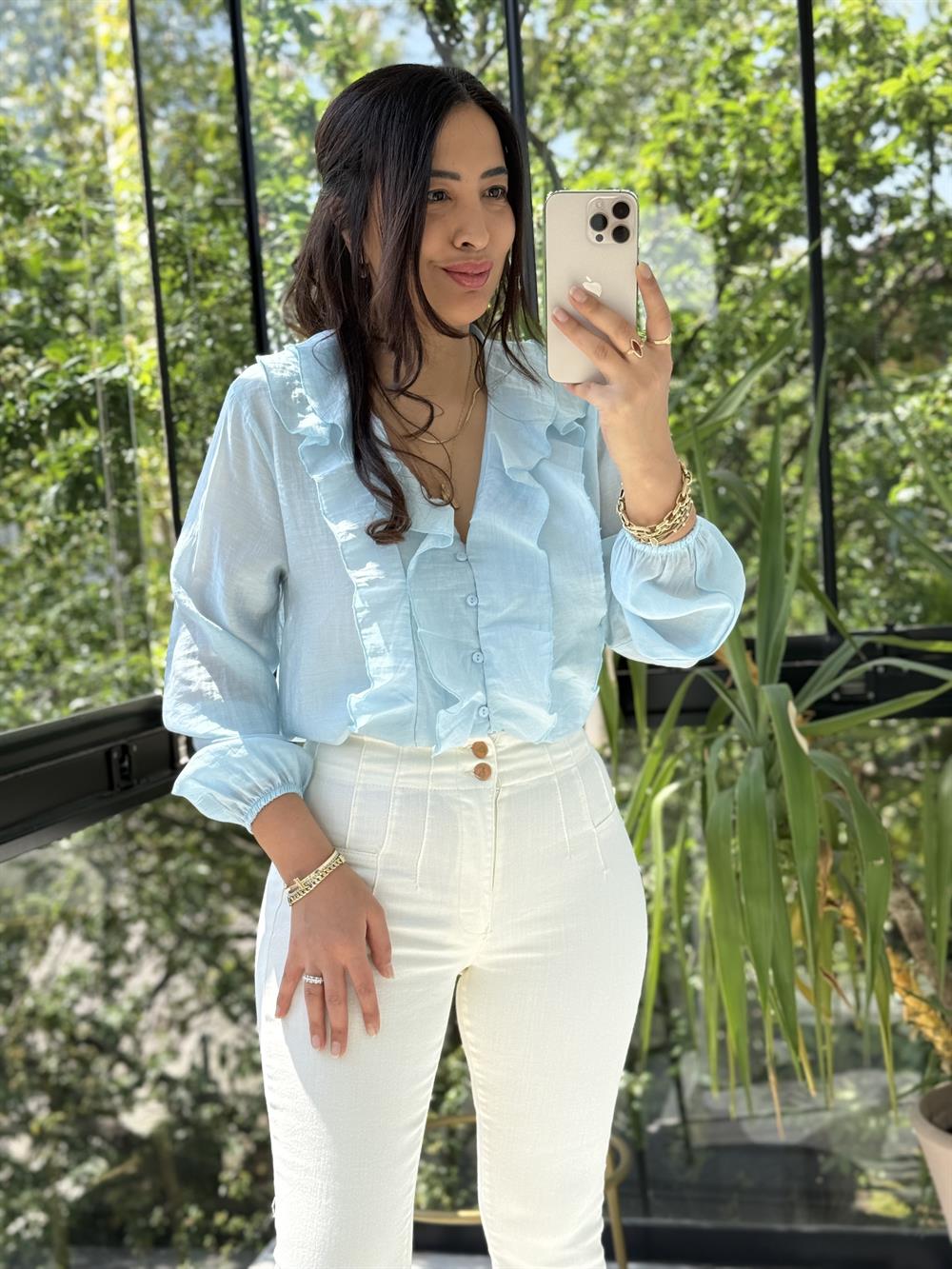 V Yaka Önü Fırfırlı Bluz Bebe Mavi