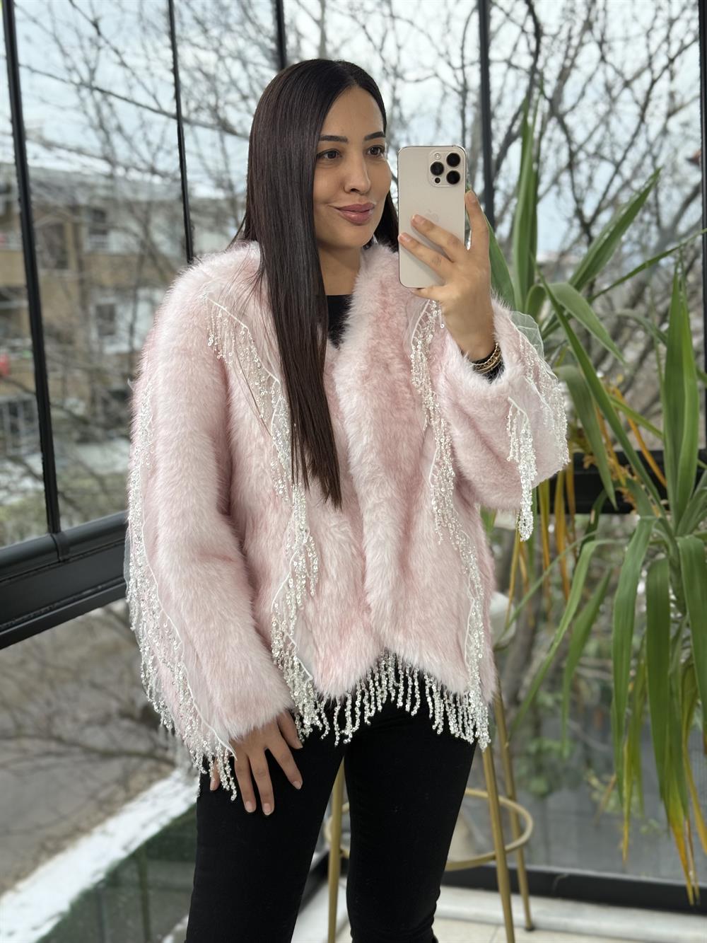 İthal Sallantılı Payetli Kürklü Ceket Pembe