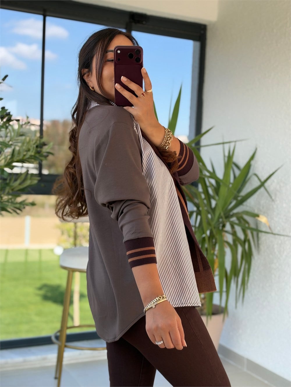 Twst Model Çizgili Bağlamalı Gömlek Kahve