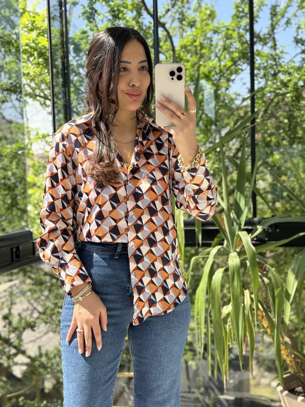 Desenli Saten Gömlek Pudra