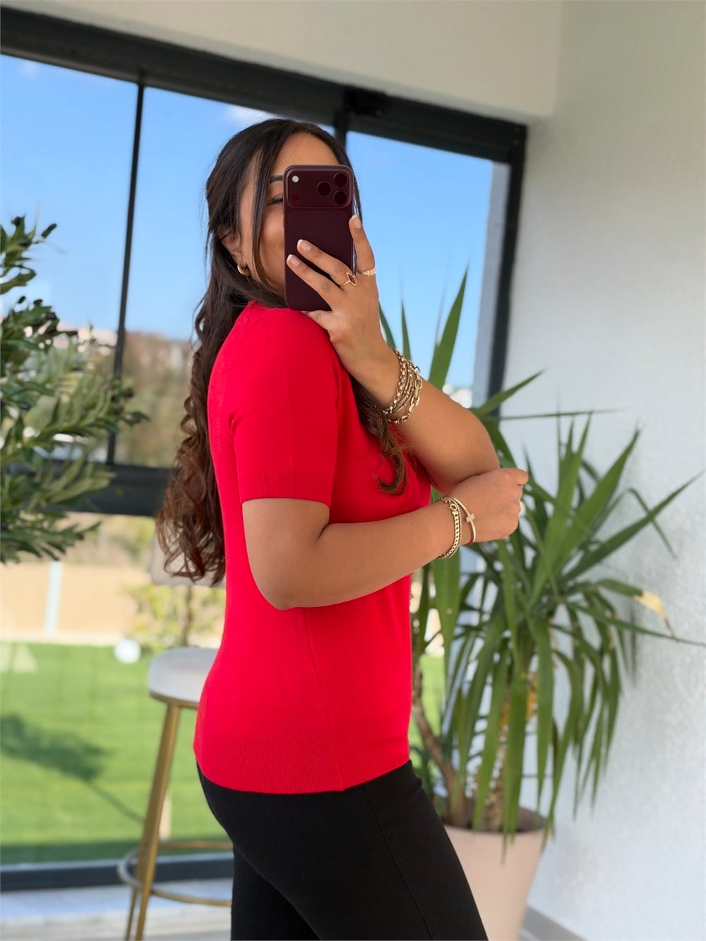 Bisiklet Yaka Kısa Kol Basic Triko Bluz Koyu Kırmızı