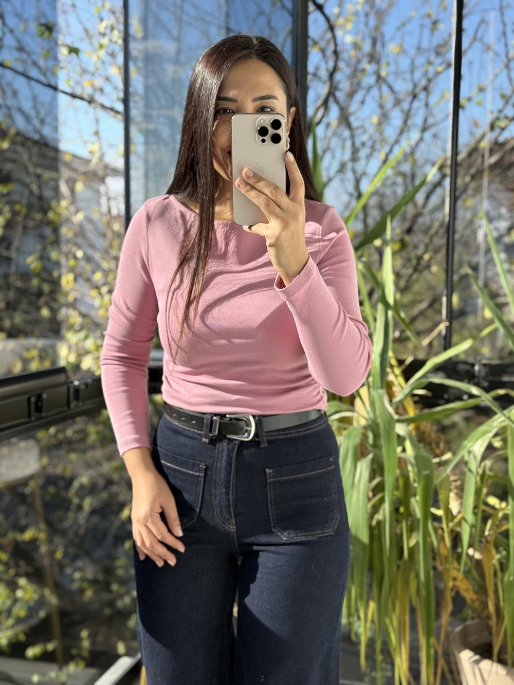 Büzgülü Kayık Yaka Top Bluz Gül