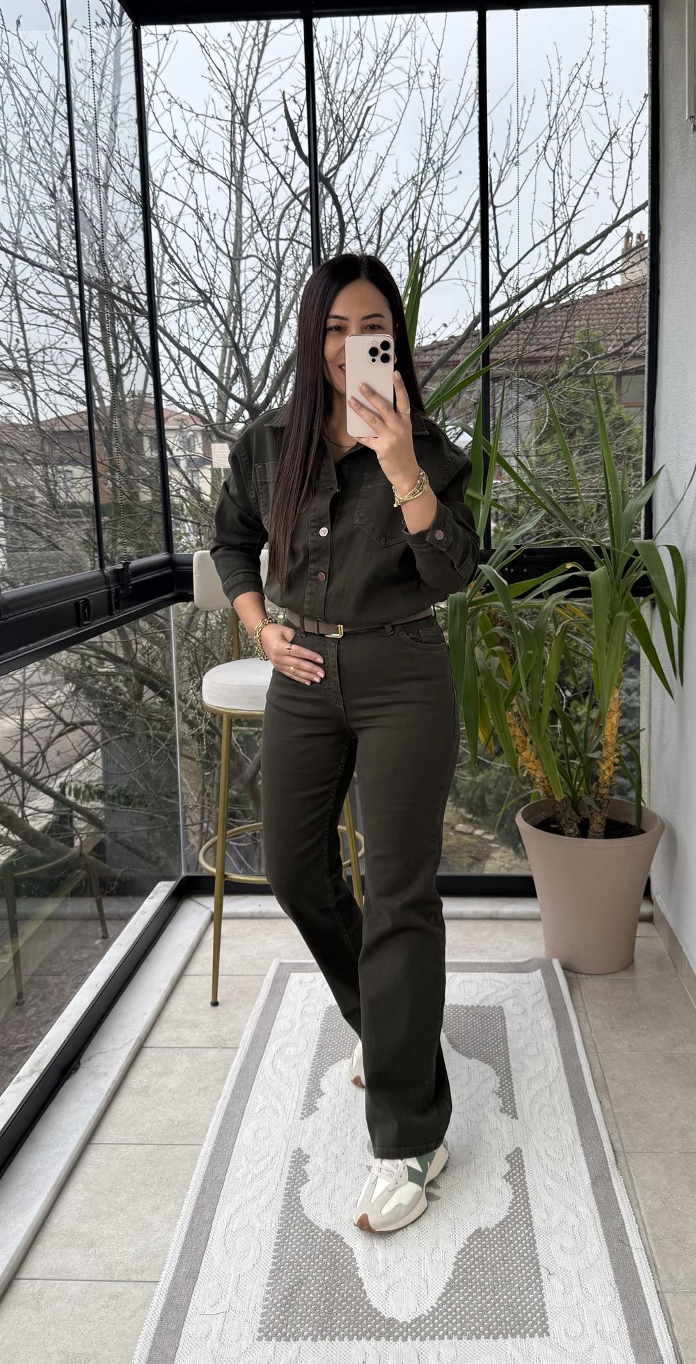 Beli Büzgülü Klasik Kot Tulum Haki Yeşili