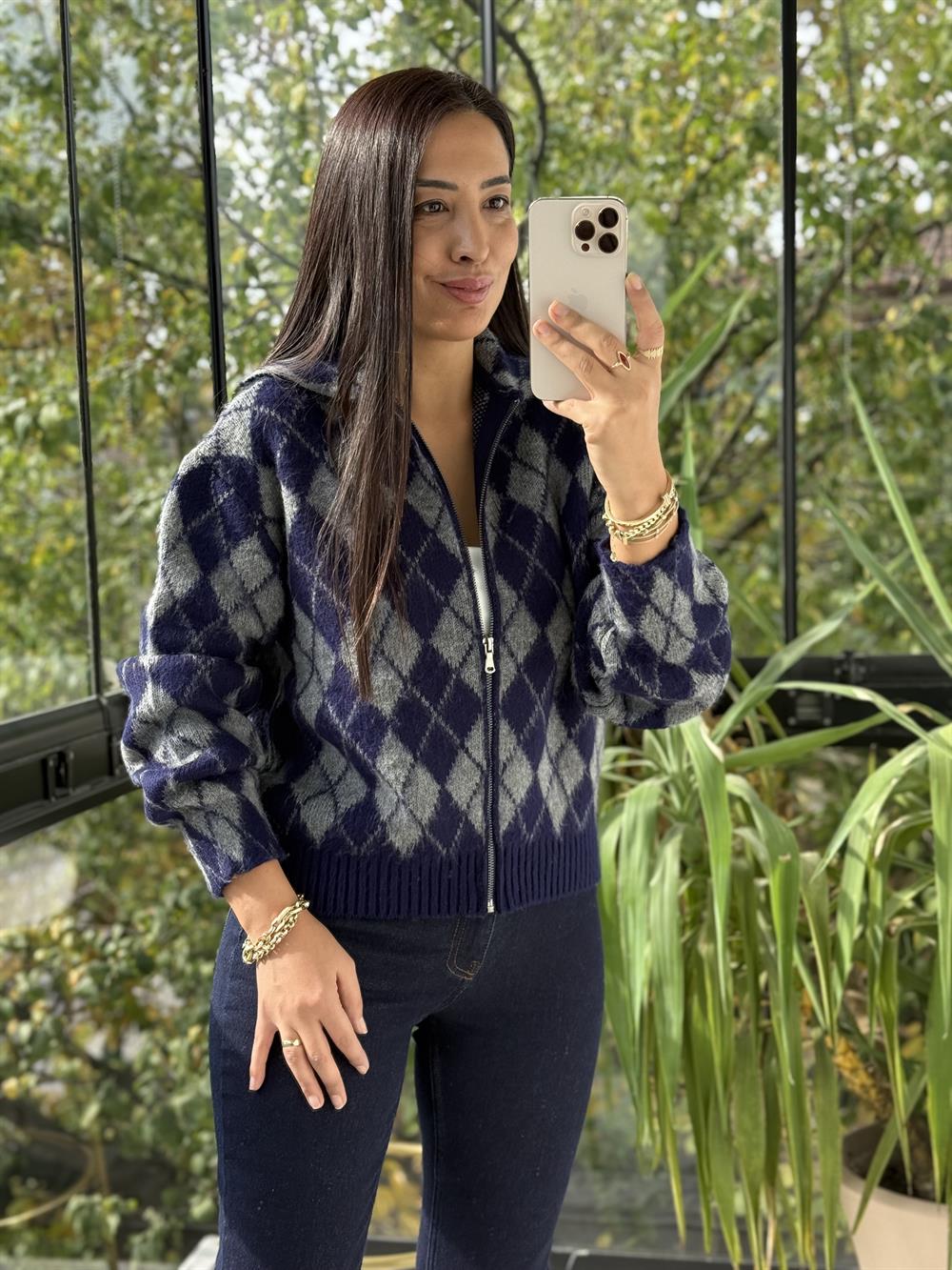 Yakalı Fermuarlı Baklava Hırka Lacivert