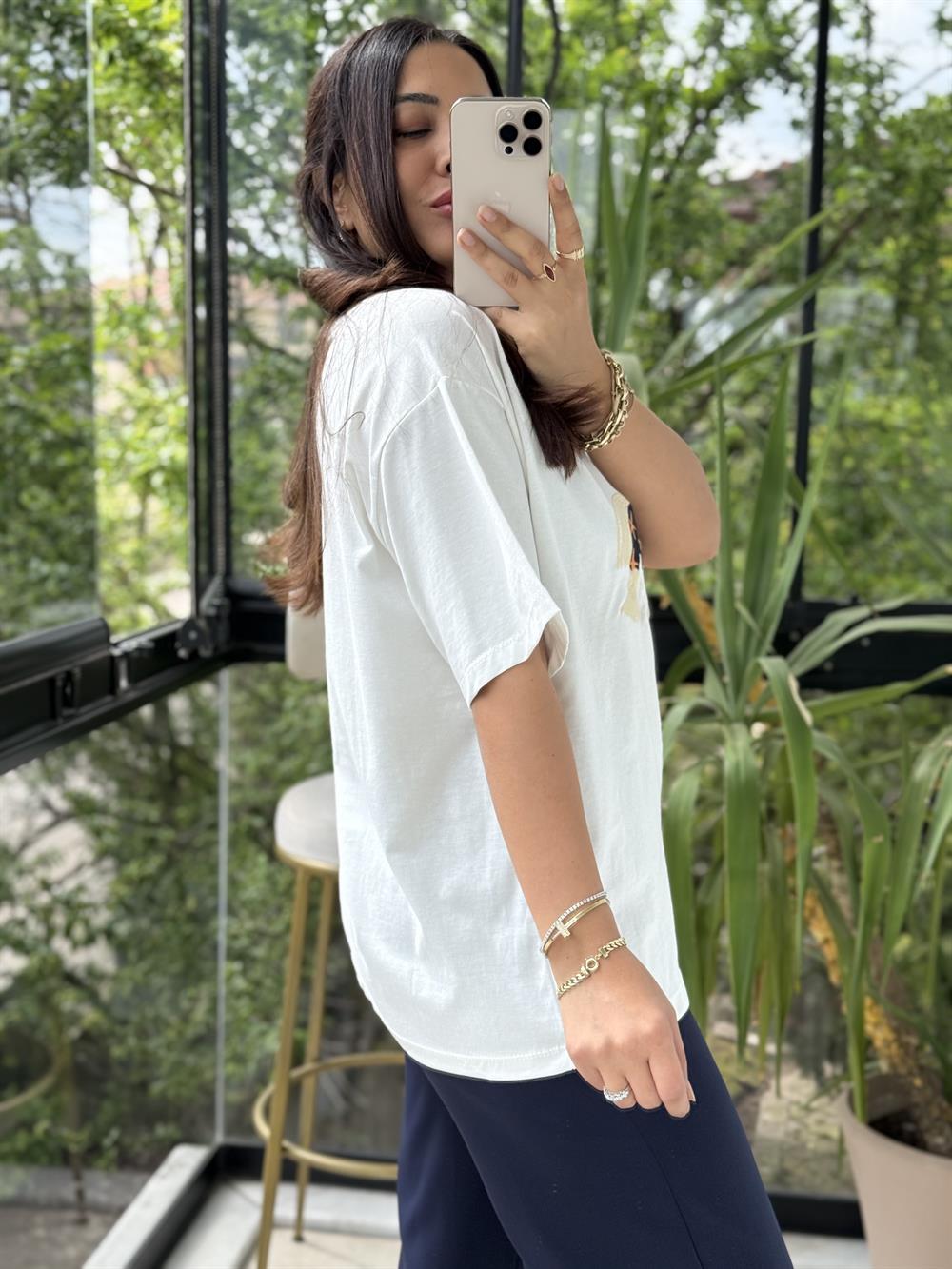 At Nakışlı Pamuklu Tişört Beyaz