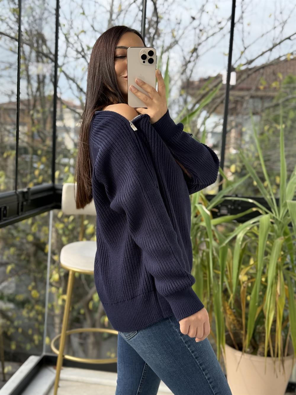 Yandan Fermuarlı Geniş Yaka triko Kazak Lacivert
