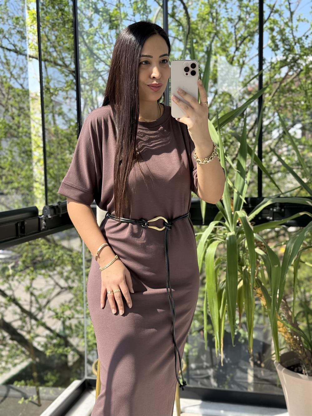 Kemerli Modal Elbise Kahve