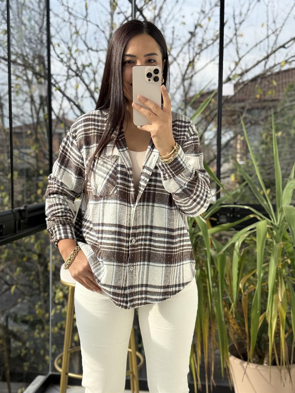 Taşlı Ekose Gömlek Kahve