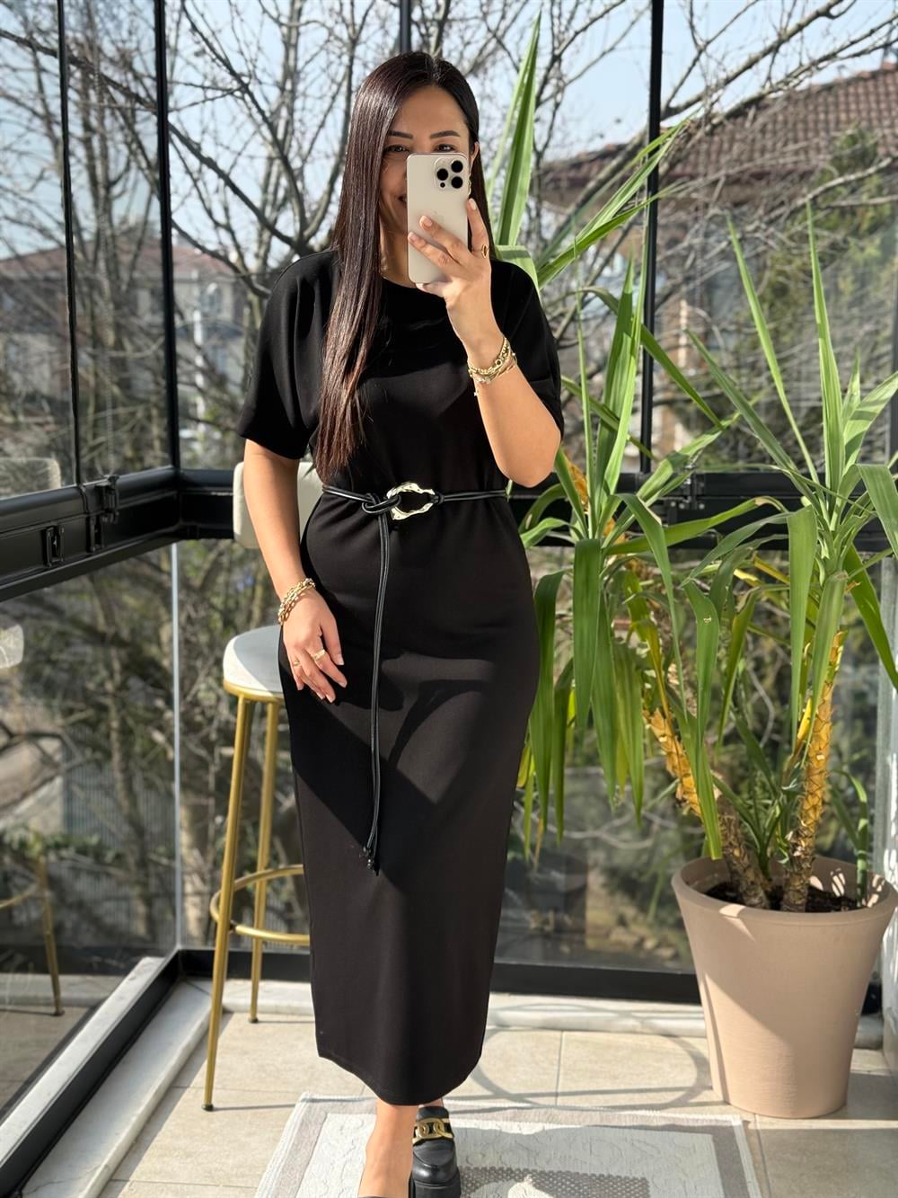 Kemerli Modal Elbise Siyah