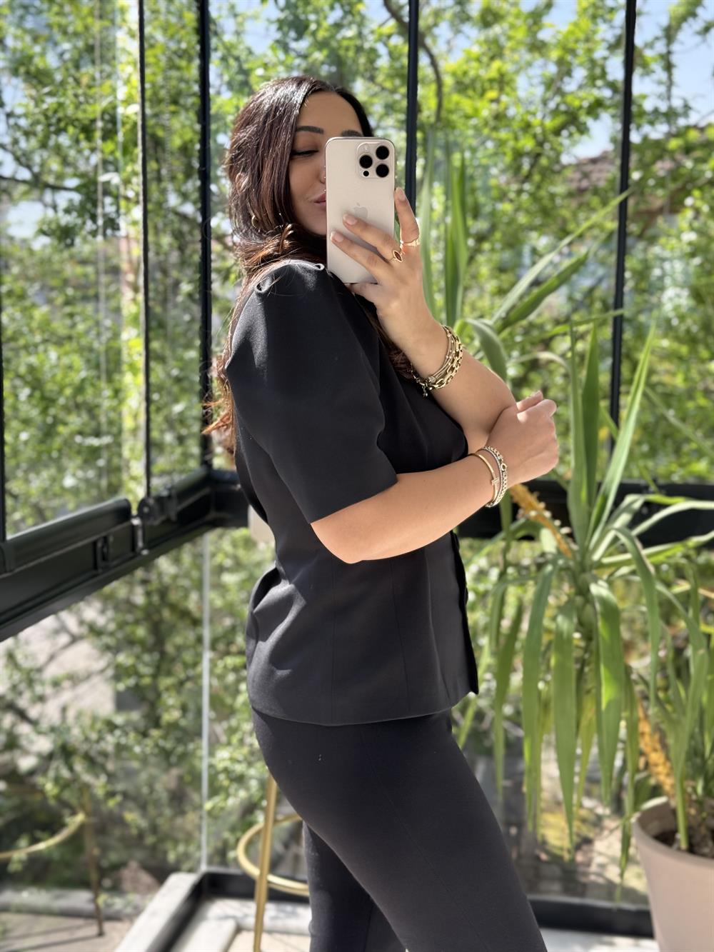 Pileli 3 Düğme Kısa Kol Ceket Siyah