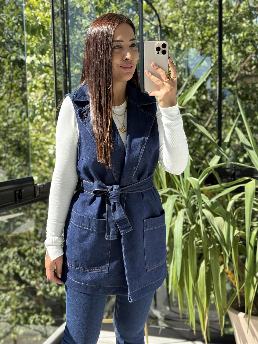 Kuşaklı Kruvaze Yaka Yelek Lacivert