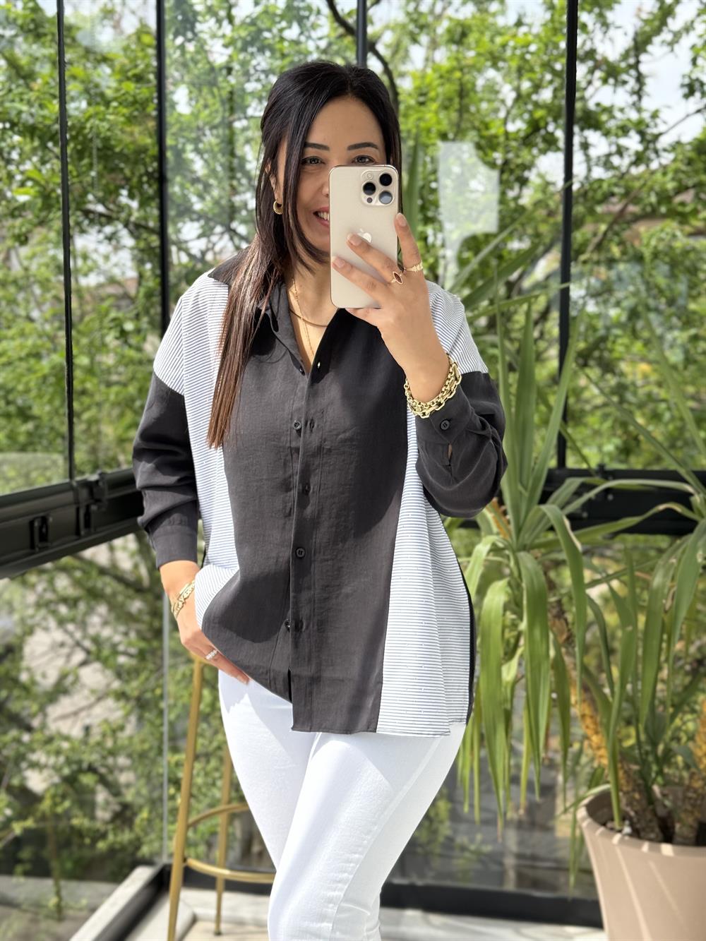 Mix Kumaş Taşlı Gömlek Siyah