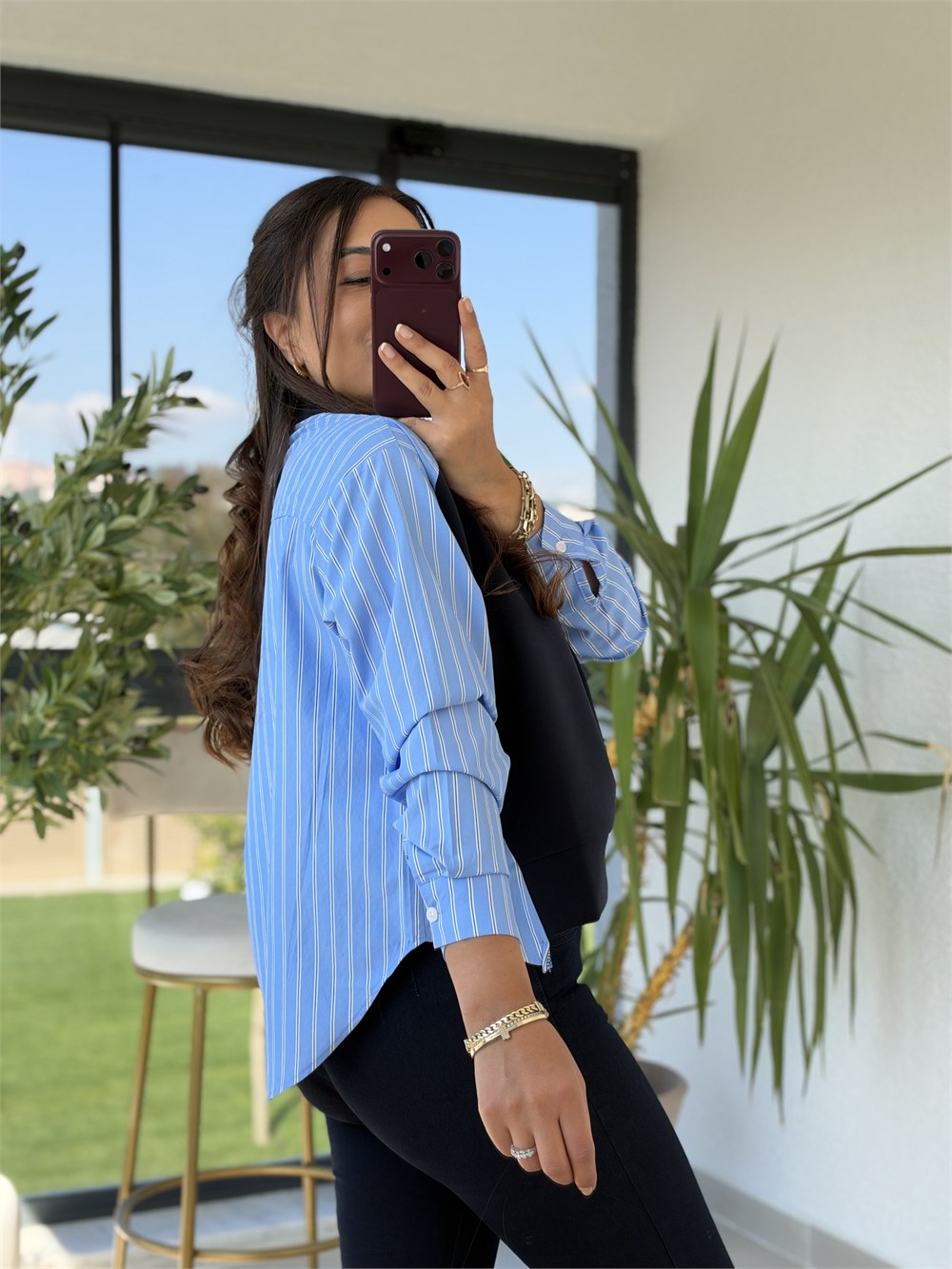 Kolu Ve Arkası Çizgili Poplin Modal Sweatshirt Lacivert