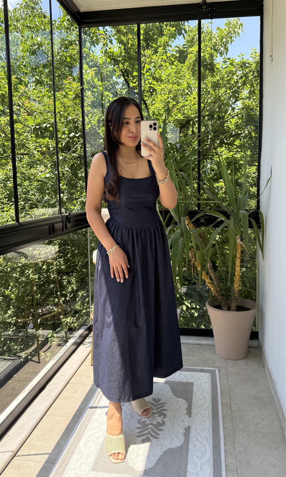 Askılı Prenses Denim Elbise Slaplı Lacivert