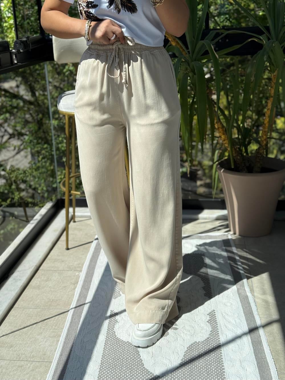 Lastikli Palazzo Pantolon Bej