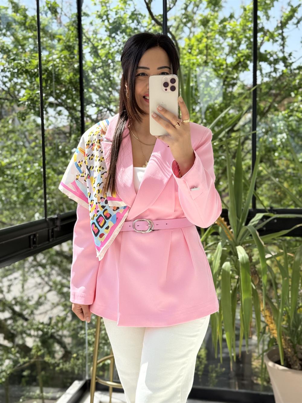 Çift Pileli Şallı Ceket Pembe