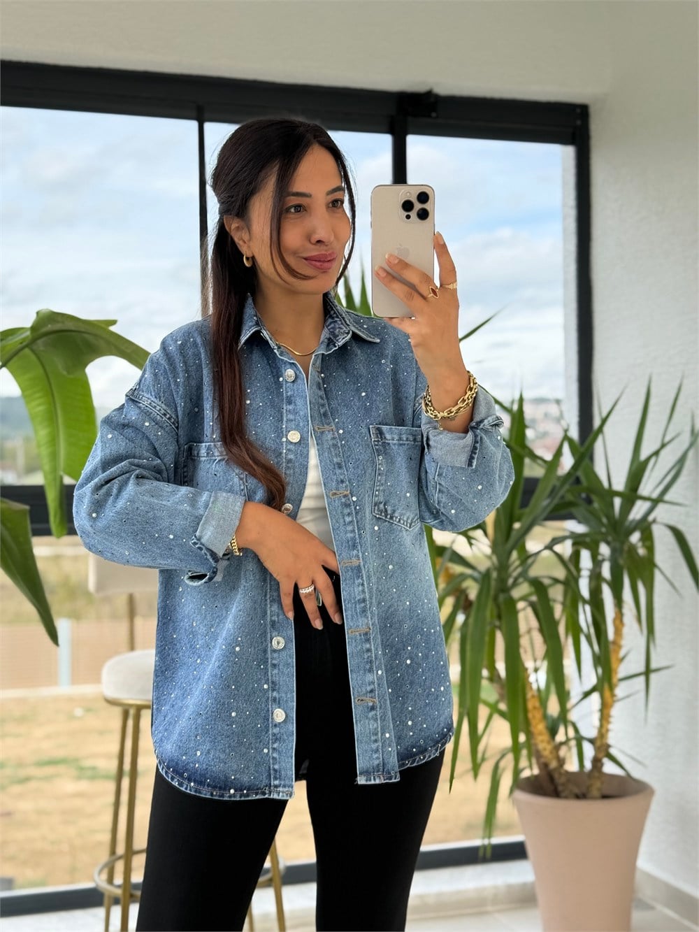 Zra Model Taşlı Denim Gömlek Mavi