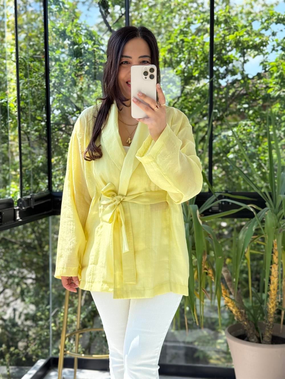 Kruvaze Yaka Bağlamalı Kimono Sarı